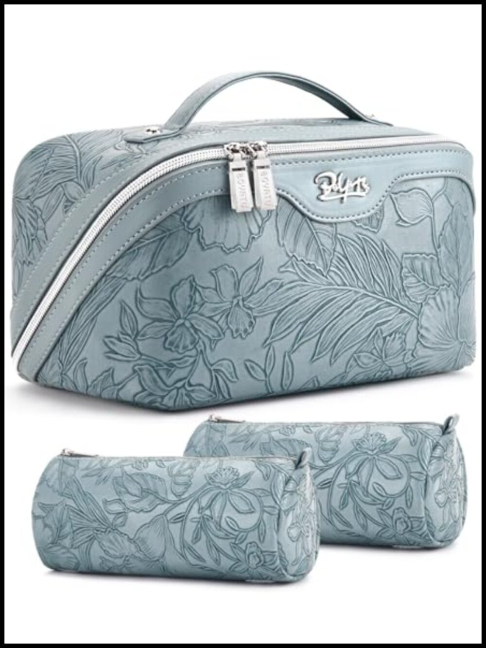 Floral Vegan Leather Travel Makeup Bag Set of 3 Cosmetic Organizer